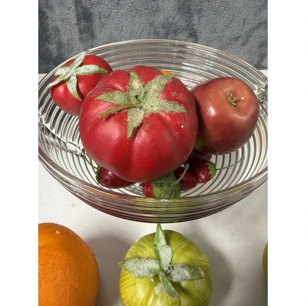 Vtg Anchor Hocking Manhattan Clear Glass Pedestal Fruit Bowl & Faux Fruit Set
